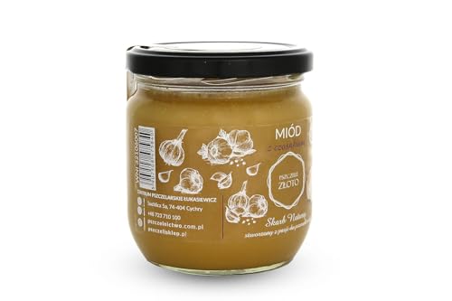 Bienenhonig Honig mit Knoblauch 500 g - 0,5kg - Großes Glas - Bienenhonig - Europäischer Naturhonig - In der EU hergestellt - Zum Süßen - Zuckerersatz - Für Backwaren von Miody Świata