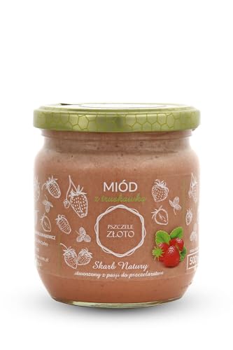 IMKERSHOP Honig mit Erdbeeren 500 g - 0,5kg - Großes Glas - Bienenhonig - Europäischer Naturhonig - In der EU hergestellt - Zum Süßen - Zuckerersatz - Für Backwaren von Miody Świata