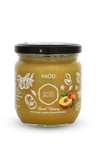 IMKERSHOP Honig mit Pfirsich 500 g - 0,5kg - Großes Glas - Bienenhonig - Europäischer Naturhonig - In der EU hergestellt - Zum Süßen - Zuckerersatz - Für Backwaren von Miody Świata