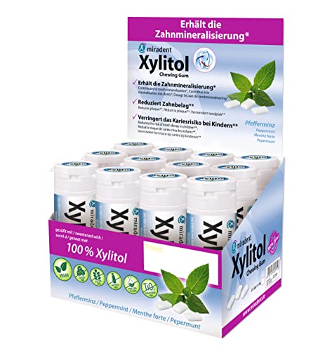 miradent Xylitol Zahnpflegekaugummi Pfefferminz Display 12 St. | erfrischender Geschmack | zuckerfrei | vegan | kariespräventiv | ohne Aspartam, Sorbitol, Laktose, Titanium Dioxid | für unterwegs von MIRADENT