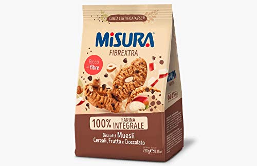 6x Misura Fibrextra Biscotti Muesli cereali,frutta e cereali Kekse mit getreide, Obst und Schokolade cookies biscuits 100% Italienische Kekse 230g von Misura