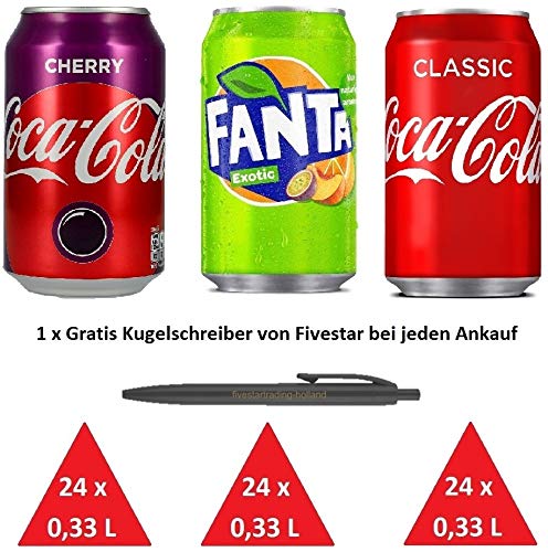 1 x 24 Coca Cola Cherry, 1 x 24 Fanta Exotic, 1 x 24 Coca Cola Classic (72 Dosen x 0,33 L) EINWEG Inkl. Gratis FiveStar Kugelschreiber (Europa) von Mix