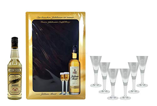 Aalborg 8er Set - Jubiläums Akvavit 0,7l 700ml (40% Vol) mit Kreidetafel/Schild 60 x 40 + 6er Set Stil Glas 2cl geeicht - [Enthält Sulfite] von Mixcompany.de Bar & Glas