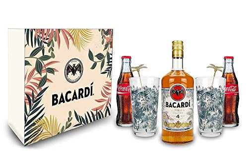 Bacardi Geschenkset - Bacardi Anejo cuatro 4 Jahre 700ml (40% Vol) + 2x Coca Cola 200ml + 2x Bacardi Gläser - Inkl. Pfand MEHRWEG von Mixcompany.de Bar & Glas