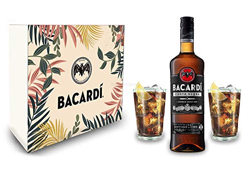 Bacardi Geschenkset - Bacardi Carta Negra Rum 0,7l 700ml (40% Vol) + 2er Set Gläser - Longdrink Glas- [Enthält Sulfite] von Mixcompany.de Bar & Glas