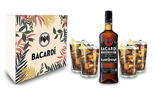 Bacardi Geschenkset - Bacardi Carta Negra Rum 0,7l 700ml (40% Vol) + 4er Set Gläser - Longdrink Glas- [Enthält Sulfite] von Mixcompany.de Bar & Glas