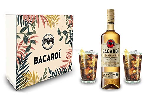 Bacardi Geschenkset - Bacardi Carta Oro Gold Rum 0,7l (40% Vol) + 2er Set Gläser - Longdrink Glas- [Enthält Sulfite] von Mixcompany.de Bar & Glas