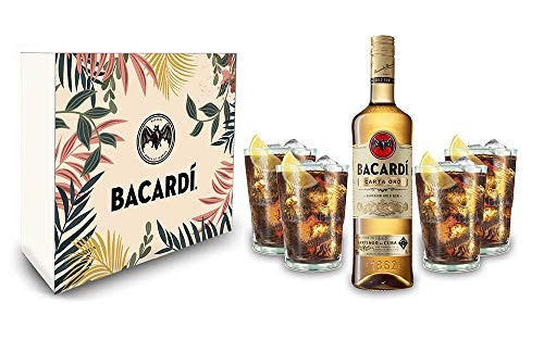 Bacardi Geschenkset - Bacardi Carta Oro Gold Rum 0,7l (40% Vol) + 4er Set Gläser - Longdrink Glas- [Enthält Sulfite] von Mixcompany.de Bar & Glas