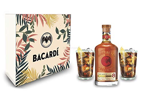 Bacardi Geschenkset - Bacardi Ron 8 Anos Gran Reserva 8 Jahre Rum 0,7l (40% Vol) + 2er Set Gläser/Longdrink Glas - [Enthält Sulfite] von Mixcompany.de Bar & Glas