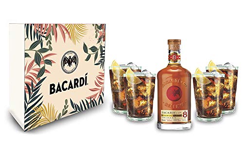 Bacardi Geschenkset - Bacardi Ron 8 Anos Gran Reserva Rum 0,7l (40% Vol) + 4er Set Gläser/Longdrink Glas - [Enthält Sulfite] von Mixcompany.de Bar & Glas