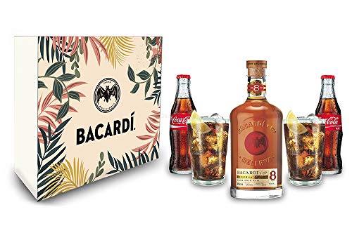 Bacardi Geschenkset - Gläser/Cola/Bacardi Ron 8 Anos Gran Reserva 8 Jahre Rum 0,7l (40% Vol) + 2er Set Gläser + 2x Coca Cola 0,2L Inkl. Pfand MEHRWEG- [Enthält Sulfite] von Mixcompany.de Bar & Glas