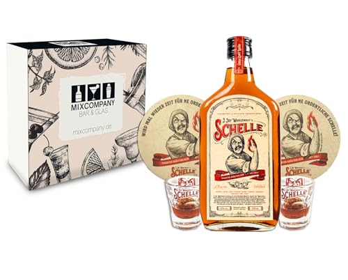 Die Schelle Geschenkset - Kräuterlikör 0,5L (33% Vol) + 2x Shot Glas + 2x Bierdeckel - Pikanter Kräuterlikör mit Chili von Mixcompany.de Bar & Glas