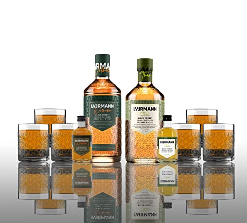 Evermann XXL Set - Whisky Wilhelm 0,7L (42% Vol) + Theo 0,7L (40% Vol) + 2 Evermann Miniaturen 10cl und 6 Tumbler GRATIS- [Enthält Sulfite] von Mixcompany.de Bar & Glas