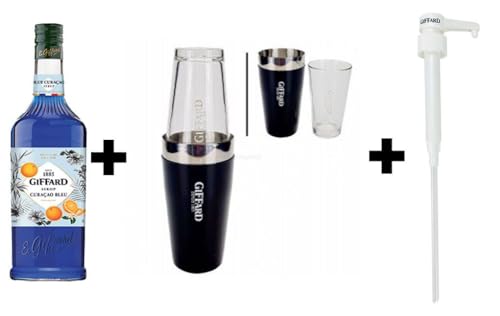 Giffard Blue Curacao Sirup 1L + Boston Shaker zweiteilig aus Metall & Glas + Dosierpumpe von Mixcompany.de Bar & Glas