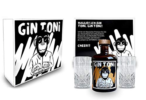 Gin Tonic Giftbox Geschenkset - Affengeiler Gin - Gin Toni Premium Dry Gin 0,5l (41% Vol) + 2x Longdrink Glas in Kristall Optik- [Enthält Sulfite] von Mixcompany.de Bar & Glas