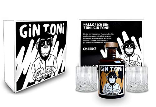 Gin Tonic Giftbox Geschenkset - Affengeiler Gin - Gin Toni Premium Dry Gin 0,5l (41% Vol) + 2x Tumbler Glas in Kristall Optik- [Enthält Sulfite] von Mixcompany.de Bar & Glas