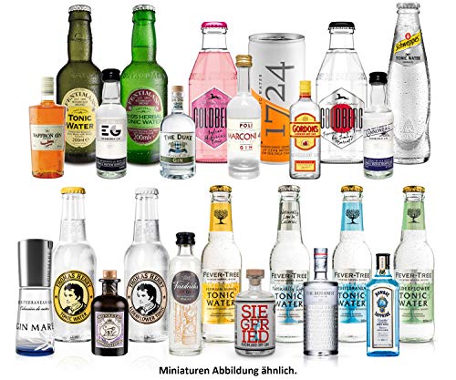 Gin Tonic Probierset aus 24 Flaschen - 12x Verschiedene Gin Sorten + 12x Verschiedene Tonic Sorten - Inkl. Pfand MEHRWEG - NEU von Mixcompany.de Bar & Glas