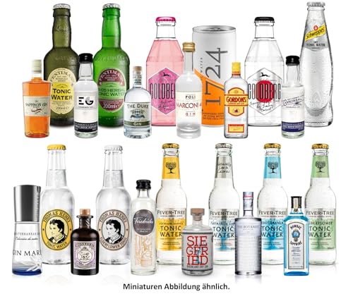 Gin Tonic Probierset aus 24 Flaschen - 12x Verschiedene Gin Sorten + 12x Verschiedene Tonic Sorten - Inkl. Pfand MEHRWEG - NEU von Mixcompany.de Bar & Glas