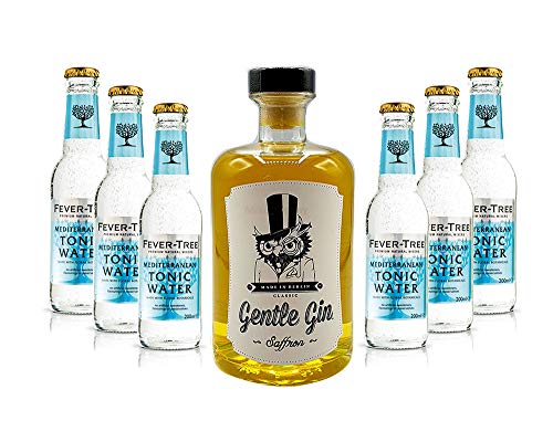 Gin Tonic Set - Gentle Gin Saffron 0,5l (40% Vol) + 6x Fever-Tree Mediterranean Tonic Water 200ml inkl. Pfand MEHRWEG -[Enthält Sulfite] von Mixcompany.de Bar & Glas