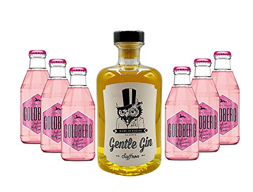 Gin Tonic Set - Gentle Gin Saffron 0,5l (40% Vol) + 6x Goldberg Hibiscus Tonic Water 200ml inkl. Pfand MEHRWEG -[Enthält Sulfite] von Mixcompany.de Bar & Glas