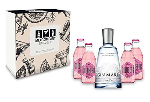 Gin Tonic Set Giftbox Geschenkset - Gin Mare Mediterranean Gin 0,7l 700ml (42,7% Vol) + 4x Goldberg Indian Hibiscus Tonic 200ml inkl. Pfand MEHRWEG -[Enthält Sulfite] von Mixcompany.de Bar & Glas