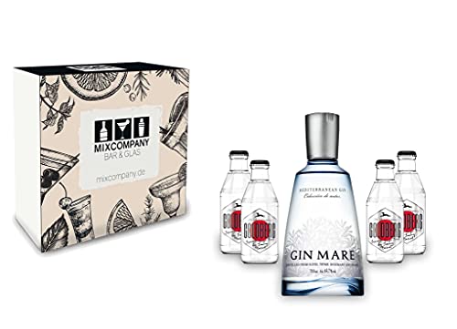 Gin Tonic Set Giftbox Geschenkset - Gin Mare Mediterranean Gin 0,7l 700ml (42,7% Vol) + 4x Goldberg Japanese Yuzu Tonic Water 200ml inkl. Pfand MEHRWEG -[Enthält Sulfite] von Mixcompany.de Bar & Glas