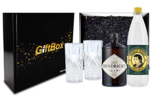 Hendricks Gin Tonic Geschenkset - Hendricks Gin 0,7L (44% Vol) + Thomas Henry Tonic Water 1L (inkl. Pfand MEHRWEG) + 2x Longdrink Gläser + Giftbox - [Enthält Sulfite] von Mixcompany.de Bar & Glas