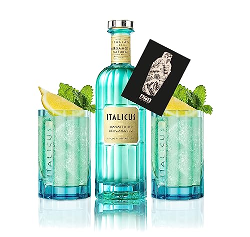 Italicus Bergamotte Likör 0,7L (20% Vol) + 2x Italicus Relief Glas Gläser in Blau - Rosolio di Bergamotto - a refreshing taste of Italy- [Enthält Sulfite] Plus Mixcompany Postkarte von Mixcompany.de Bar & Glas