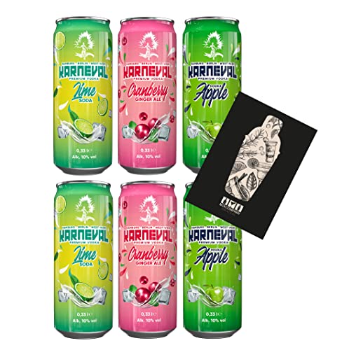 Karneval Vodka 6er tasting Set - 2 pro Sorte Lime Soda + Cranberry Ginger Ale + Double Apple je 0,33L (10% Vol) von Raf Camora und Bonez Mc inkl. Pfand EINWEG- [Enthält Sulfite] von Mixcompany.de Bar & Glas