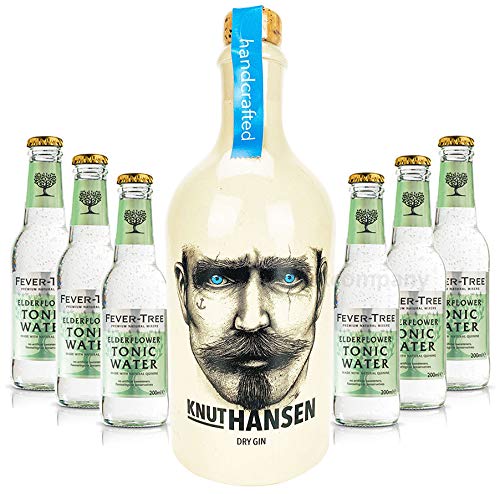 Knut Hansen Hamburg Dry Gin 0,5l (42% Vol) + 6x Fever-Tree Elderflower Tonic Water 0,2l MEHRWEG Bar Longdrink Cocktail Sammlung Gin Tonic inkl. PFAND- [Enthält Sulfite] von Mixcompany.de Bar & Glas