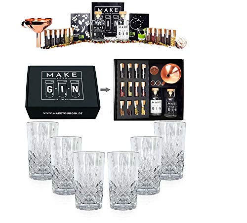 Make Your Gin Geschenkset schwarz Geschenkbox Gin zum Selbermachen - 11 Botanicals - Kopi Luwak von freilebenden Tieren+ Bar Trichter + Anleitung mit Rezept + 6er Set Longdrinkglas von Mixcompany.de Bar & Glas