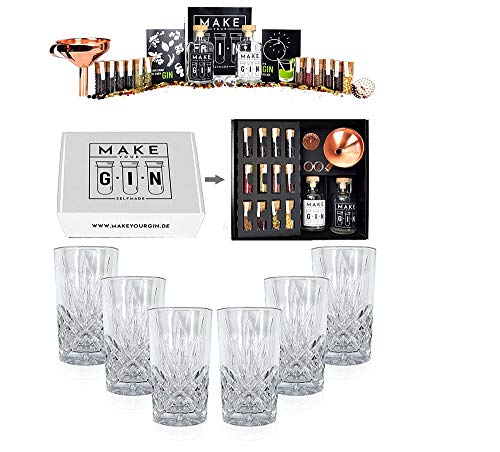 Make Your Gin Geschenkset weiß Geschenkbox Gin zum Selbermachen - 11 Botanicals - Kopi Luwak von freilebenden Tieren + Bar Trichter + Anleitung mit Rezept + 6er Set Longdrinkglas von Mixcompany.de Bar & Glas