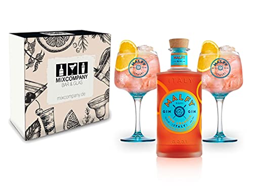 Malfy Gin Giftbox Set - Malfy Gin con Arancia (Blutorange) 0,7l - 700ml (41% VOL) + 2 Malfy Gin Ballon Gläser/Glas in Geschenkverpackung - [Enthält Sulfite] von Mixcompany.de Bar & Glas