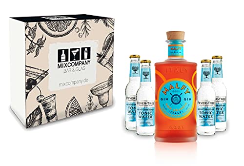 Malfy Gin Tonic Geschenkbox Set - Malfy Gin con Arancia (Blutorange) 0,7l - 700ml (41% VOL) + 4x Fever-Tree Mediterranean Tonic Water 200ml inkl. Pfand MEHRWEG- [Enthält Sulfite] von Mixcompany.de Bar & Glas