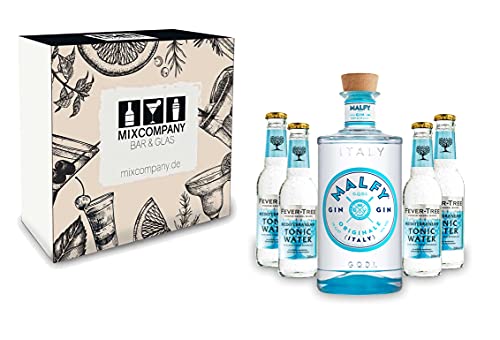 Malfy Gin Tonic Giftbox Set - Malfy Gin Originale 0,7l - 700ml (41% VOL) + 4x Fever-Tree Mediterranean Tonic Water 200ml inkl. Pfand MEHRWEG- [Enthält Sulfite] von Mixcompany.de Bar & Glas