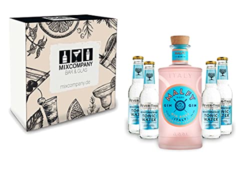 Malfy Gin Tonic Giftbox Set - Malfy Gin Rosa 0,7l - 700ml (41% VOL) + 4x Fever-Tree Mediterranean Tonic Water 200ml inkl. Pfand MEHRWEG- [Enthält Sulfite] von Mixcompany.de Bar & Glas
