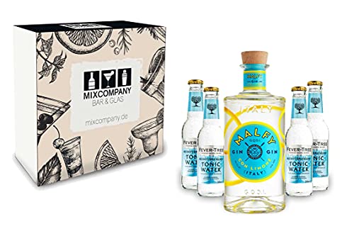 Malfy Gin Tonic Giftbox Set - Malfy Gin con Limone (Zitrone) 0,7l - 700ml (41% VOL) + 4x Fever-Tree Mediterranean Tonic Water 200ml inkl. Pfand MEHRWEG- [Enthält Sulfite] von Mixcompany.de Bar & Glas