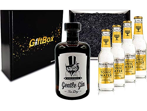 Mixcompany Giftbox - Gin Tonic Set - Gentle Gin Tea Dry 0,5l (47% Vol) + 4x Fever-Tree Indian Tonic Water 200ml inkl. Pfand MEHRWEG - in Geschenkverpackung- [Enthält Sulfite] von Mixcompany.de Bar & Glas