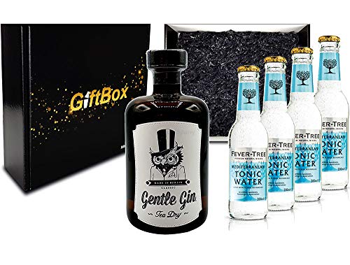 Mixcompany Giftbox - Gin Tonic Set - Gentle Gin Tea Dry 0,5l (47% Vol) + 4x Fever-Tree Mediterranean Tonic Water 200ml inkl. Pfand MEHRWEG - in Geschenkverpackung- [Enthält Sulfite] von Mixcompany.de Bar & Glas