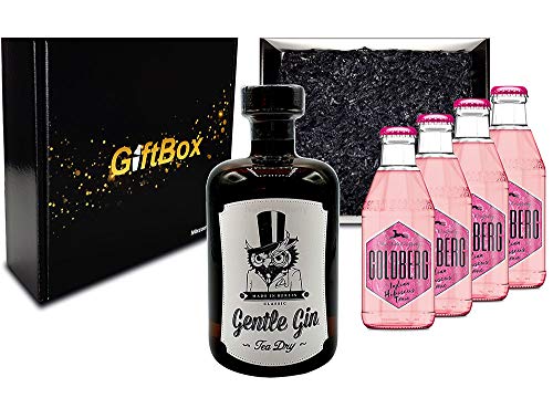 Mixcompany Giftbox - Gin Tonic Set - Gentle Gin Tea Dry 0,5l (47% Vol) + 4x Goldberg Hibiscus Tonic Water 200ml inkl. Pfand MEHRWEG - in Geschenkverpackung- [Enthält Sulfite] von Mixcompany.de Bar & Glas