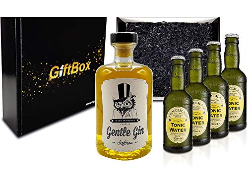 Mixcompany Giftbox - Gin Tonic Set Gin Tonic Set - Gentle Gin Saffron 0,5l (40% Vol) + 4x Fentimans Tonic Water 200ml inkl. Pfand MEHRWEG - in Geschenkverpackung- [Enthält Sulfite] von Mixcompany.de Bar & Glas