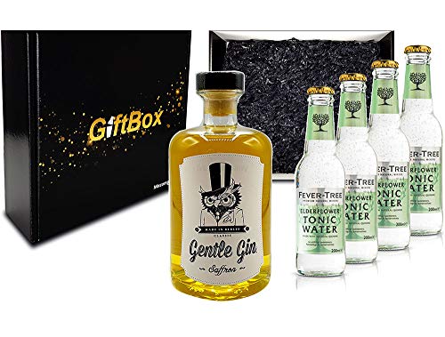 Mixcompany Giftbox - Gin Tonic Set Gin Tonic Set - Gentle Gin Saffron 0,5l (40% Vol) + 4x Fever-Tree Elderflower Tonic Water 200ml inkl. Pfand MEHRWEG - in Geschenkverpackung- [Enthält Sulfite] von Mixcompany.de Bar & Glas