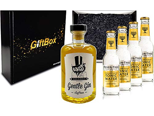 Mixcompany Giftbox - Gin Tonic Set Gin Tonic Set - Gentle Gin Saffron 0,5l (40% Vol) + 4x Fever-Tree Indian Tonic Water 200ml inkl. Pfand MEHRWEG - in Geschenkverpackung- [Enthält Sulfite] von Mixcompany.de Bar & Glas