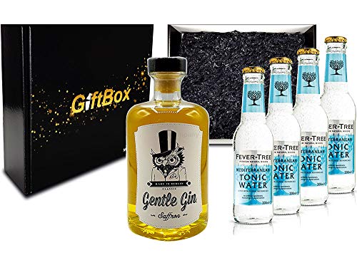 Mixcompany Giftbox - Gin Tonic Set Gin Tonic Set - Gentle Gin Saffron 0,5l (40% Vol) + 4x Fever-Tree Mediterranean Tonic Water 200ml inkl. Pfand MEHRWEG - in Geschenkverpackung- [Enthält Sulfite] von Mixcompany.de Bar & Glas