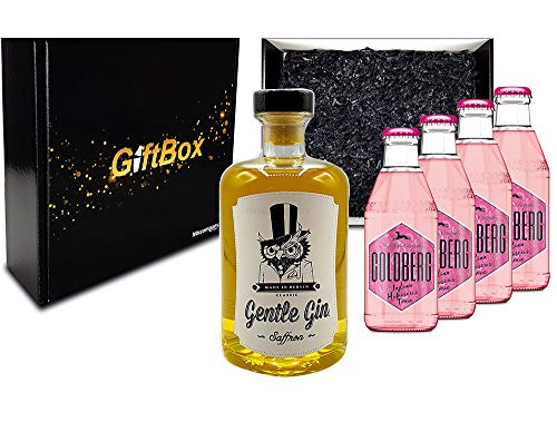 Mixcompany Giftbox - Gin Tonic Set Gin Tonic Set - Gentle Gin Saffron 0,5l (40% Vol) + 4x Goldberg Hibiscus Tonic Water 200ml inkl. Pfand MEHRWEG - in Geschenkverpackung- [Enthält Sulfite] von Mixcompany.de Bar & Glas