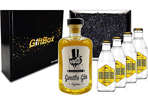 Mixcompany Giftbox - Gin Tonic Set Gin Tonic Set - Gentle Gin Saffron 0,5l (40% Vol) + 4x Goldberg Tonic Water 200ml inkl. Pfand MEHRWEG - in Geschenkverpackung- [Enthält Sulfite] von Mixcompany.de Bar & Glas