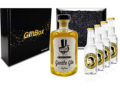 Mixcompany Giftbox - Gin Tonic Set Gin Tonic Set - Gentle Gin Saffron 0,5l (40% Vol) + 4x Thomas Henry Tonic Water 200ml inkl. Pfand MEHRWEG - in Geschenkverpackung- [Enthält Sulfite] von Mixcompany.de Bar & Glas