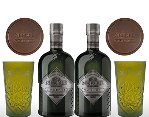 Needle Masterpiece Set - 2x Blackforest Gin 0,5L (45% Vol) + 2x grüne mattierte Longdrink Gläser und 2 handgegerbte Leder Untersetzer Gratis - [Enthält Sulfite] von Mixcompany.de Bar & Glas