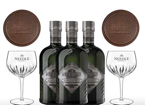 Needle Masterpiece Set - 3x Blackforest Gin 0,5L (45% Vol) + 2x Coppa Kristall Gläser und 2 handgegerbte Leder Untersetzer Gratis - [Enthält Sulfite] von Mixcompany.de Bar & Glas