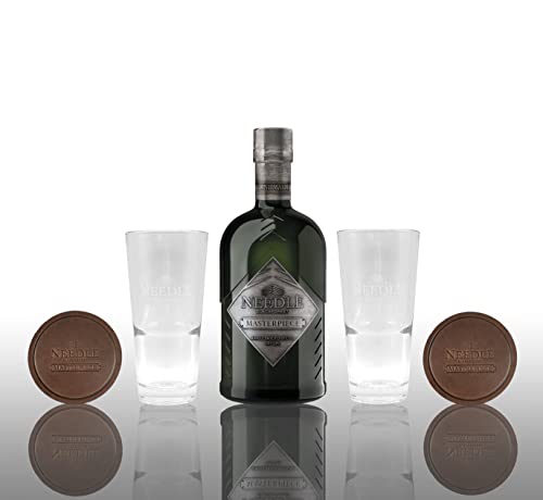 Needle Masterpiece Set - Blackforest Gin 0,5L (45% Vol) + 2x Longdrink Glas und 2 handgegerbte Leder Untersetzer Gratis - [Enthält Sulfite] von Mixcompany.de Bar & Glas